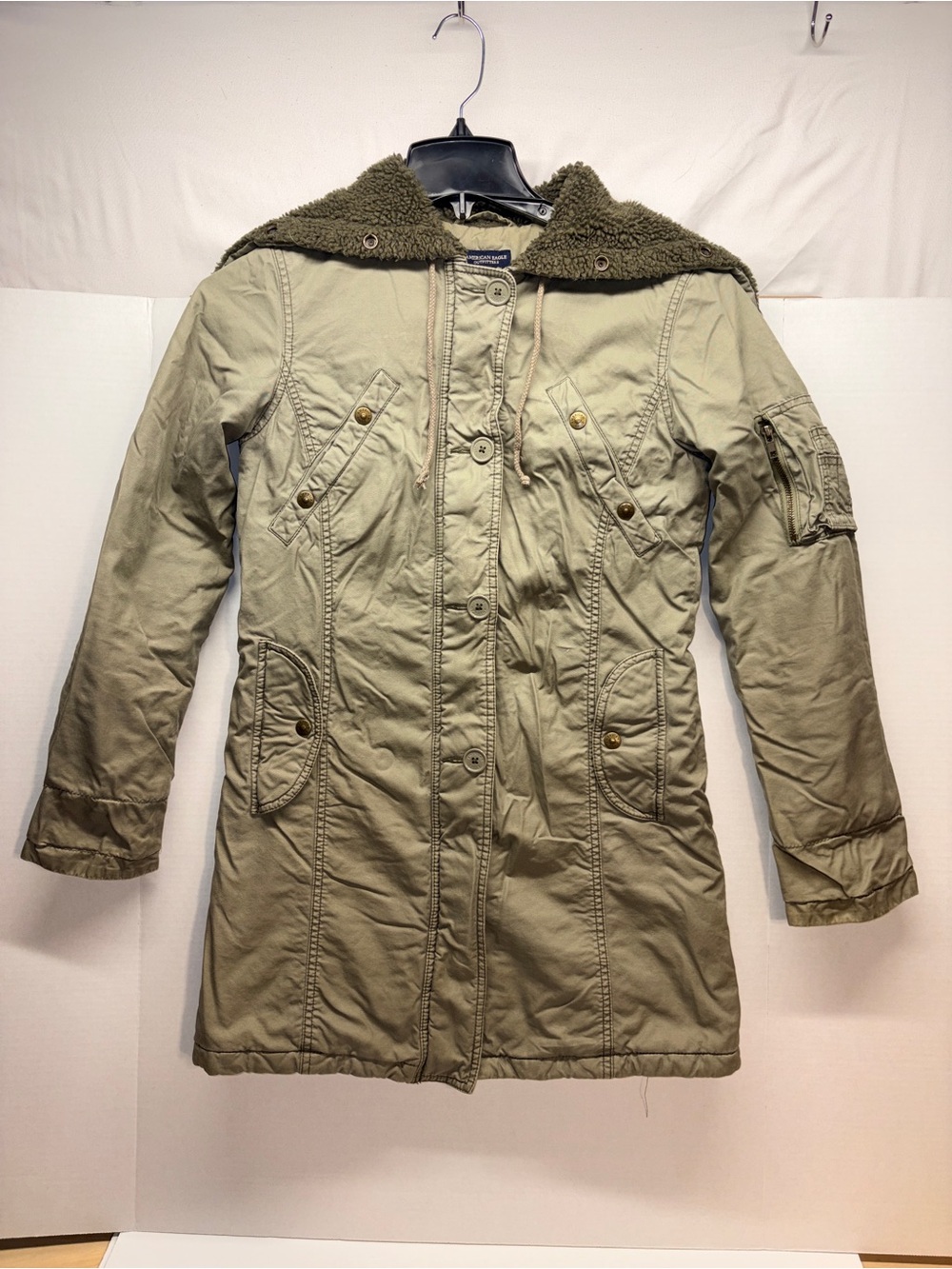 American Eagle Outfitters Olive Green Hooded Trench Coat